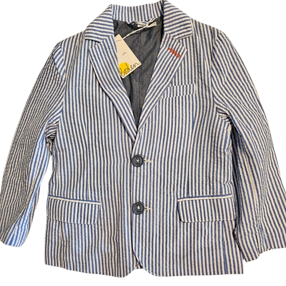 Mini Boden Jacket Blazer Sport Coat Blue & White Seersucker Boy's Size 3-4 NEW!
